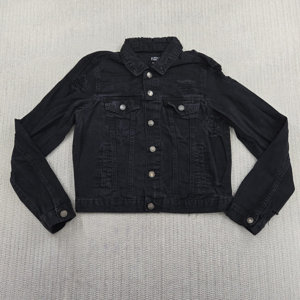 Almost Famous Jacket Juniors Medium Black Distressed Denim Button Front Cropped